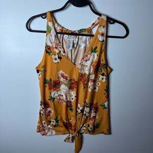 Love Spell Women's Small Mustard Floral V-Neck Sleeveless Tie-Front Tank Top